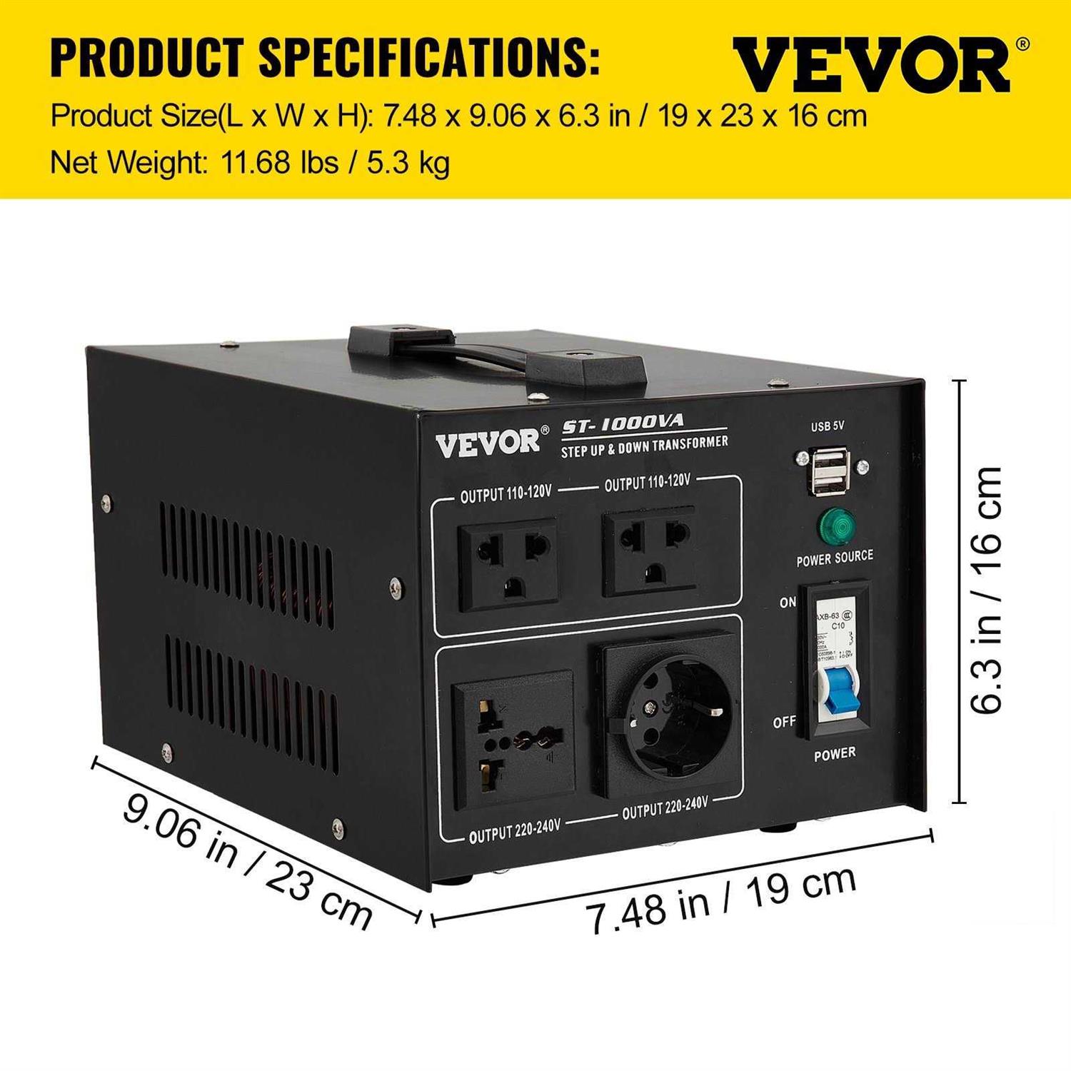 VEVOR Voltage Converter Transformer Heavy Duty Step Up/Down Transformer Convert from 110 Volt to 220 Volt and from 220 Volt to 110 Volt - Zenithce