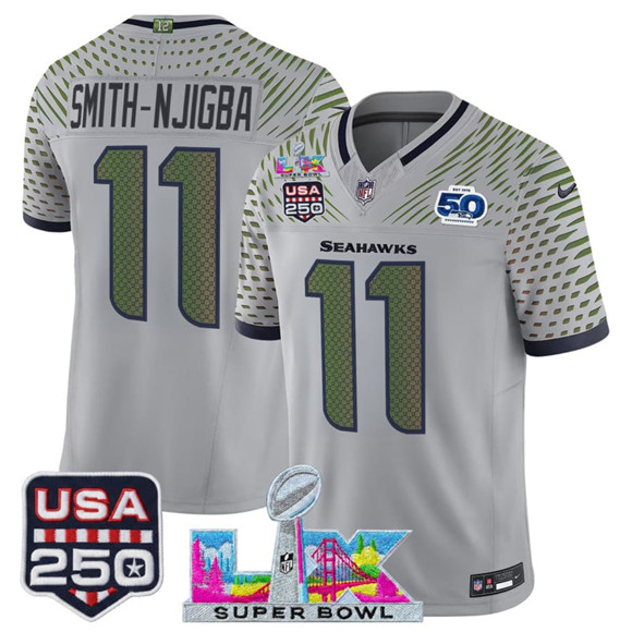 Seattle Seahawks #11 Jaxon Smith-Njigba Gray 2025 F.U.S.E. Super Bowl LX US 250th anniversary Patch And 50th Season Patch “Rivalries” Vapor Limited Stitched Jersey - Zenithce