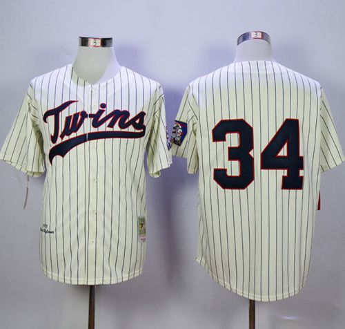Mitchell And Ness Twins #34 Kirby Puckett Cream Strip Throwback Stitched Jersey - Zenithce