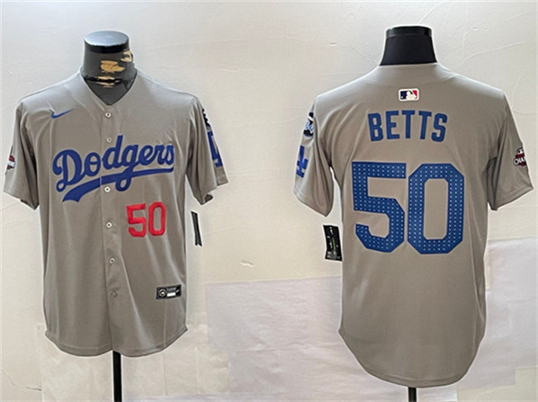 Los Angeles Dodgers #50 Mookie Betts Gray 2024 World Series Champions With Fernando Memorial Patch Limited Stitched Jersey - Zenithce
