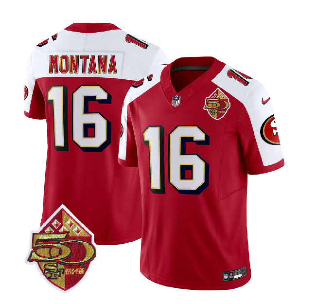 San Francisco 49ers #16 Joe Montana Red White 2023 F.U.S.E. 50th Patch Throwback Stitched Jersey - Zenithce