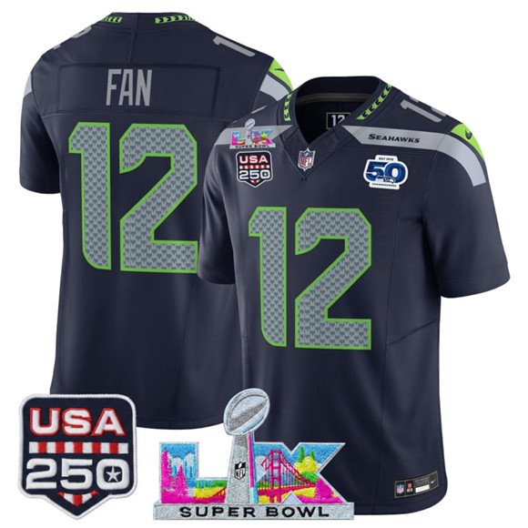 Seattle Seahawks #12 Fan Navy 2025 F.U.S.E. Super Bowl LX Patch And 50th Season Patch Vapor Limited Stitched Jersey - Zenithce