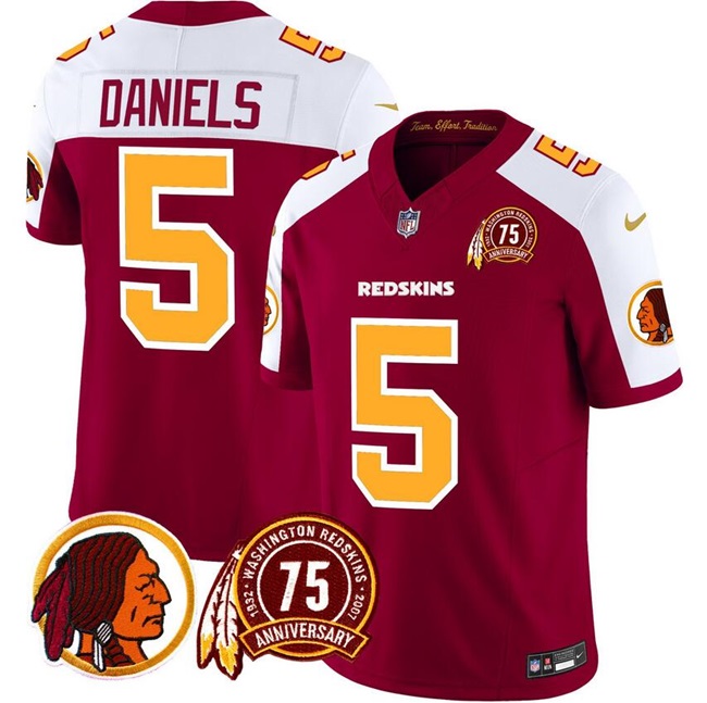 Washington Redskins #5 Jayden Daniels Burgundy White 2024 F.U.S.E. 75th Patch Throwback Vapor Limited Stitched Jersey - Zenithce