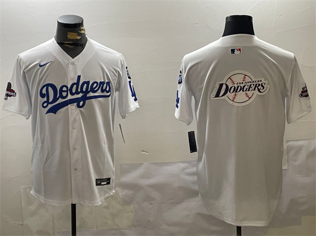 Los Angeles Dodgers Team Big Logo White 2024 World Series Champions With Fernando Memorial Patch Home Limited Stitched Jersey - Zenithce