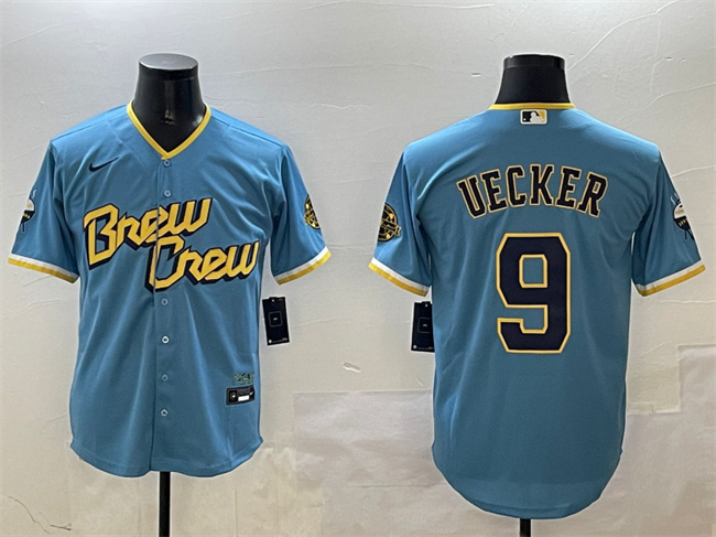 Milwaukee Brewers #9 Bob Uecker Powder Blue City Connect With Patch Cool Base Stitched Jersey - Zenithce