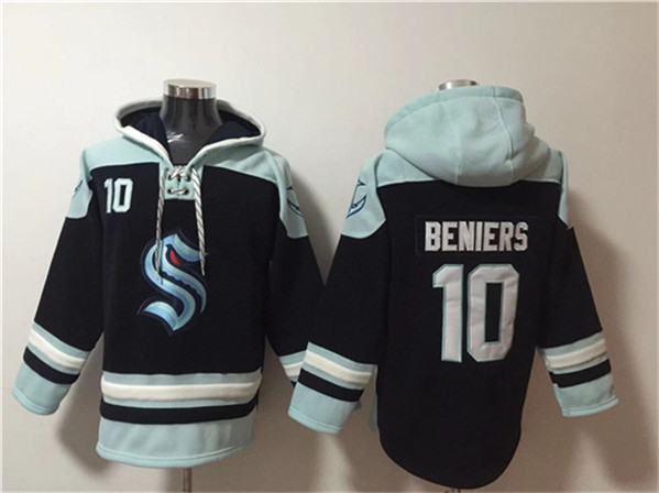 Seattle Kraken #10 Matty Beniers Black Ageless Must-Have Lace-Up Pullover Hoodie - Zenithce