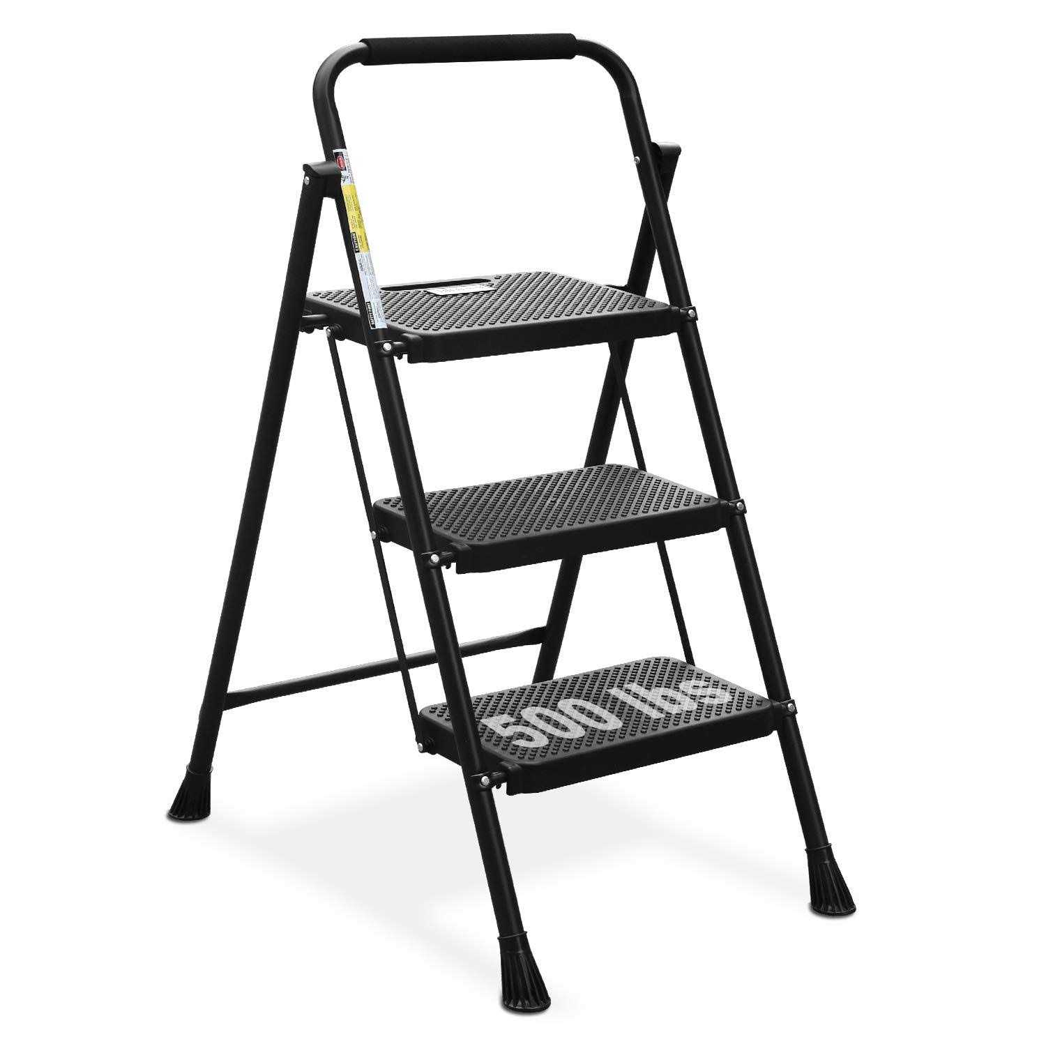 Hbtower 3 Step Ladder with Handrails Folding Step Stool with Attachable Tool Bag & Anti-Slip Wide Pedal for Home Kitchen Pantry - Zenithce