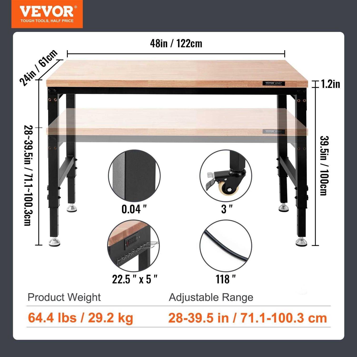 VEVOR Adjustable Workbench Garage Worktable with Universal Wheels - Zenithce