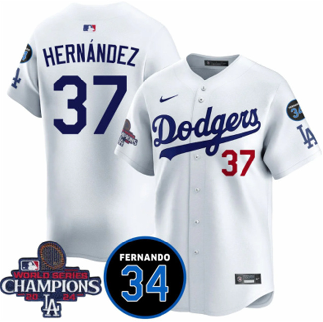 Los Angeles Dodgers #37 Teoscar Hernandez White 2024 World Series Champions With Fernando Memorial Patch Vapor Premier Home Limited Stitched Jersey - Zenithce