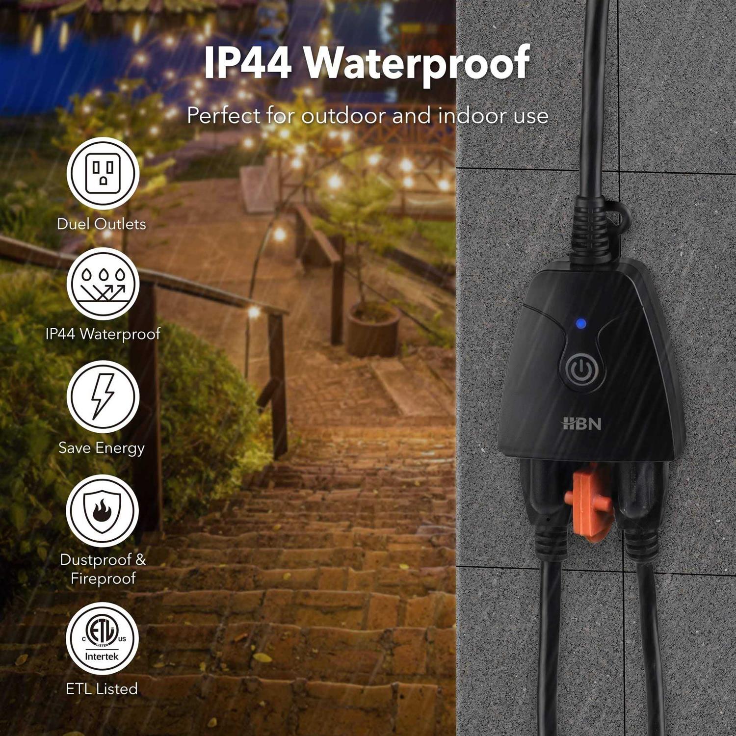 Outdoor Smart WiFi Plug, HBN Heavy Duty Wi-Fi Timer with Two Grounded Outlet, Wireless Remote Control by App Compatible with Alexa and Google Home - Zenithce