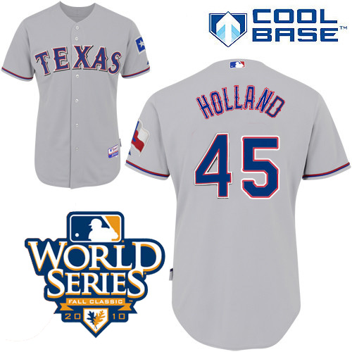 Rangers #45 Derek Holland Grey Cool Base W 2010 World Series Patch Stitched Jerseys - Zenithce