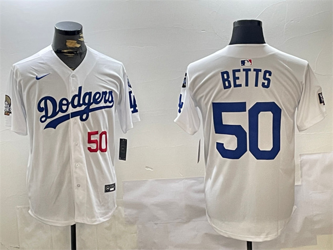 Los Angeles Dodgers #50 Mookie Betts White 2024 World Series With Fernando Memorial Patch Home Limited Stitched Jersey - Zenithce