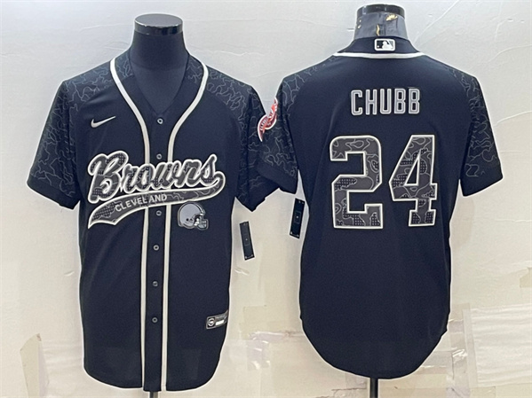 Cleveland Browns #24 Nick Chubb Black Reflective With Patch Cool Base Stitched Jersey - Zenithce