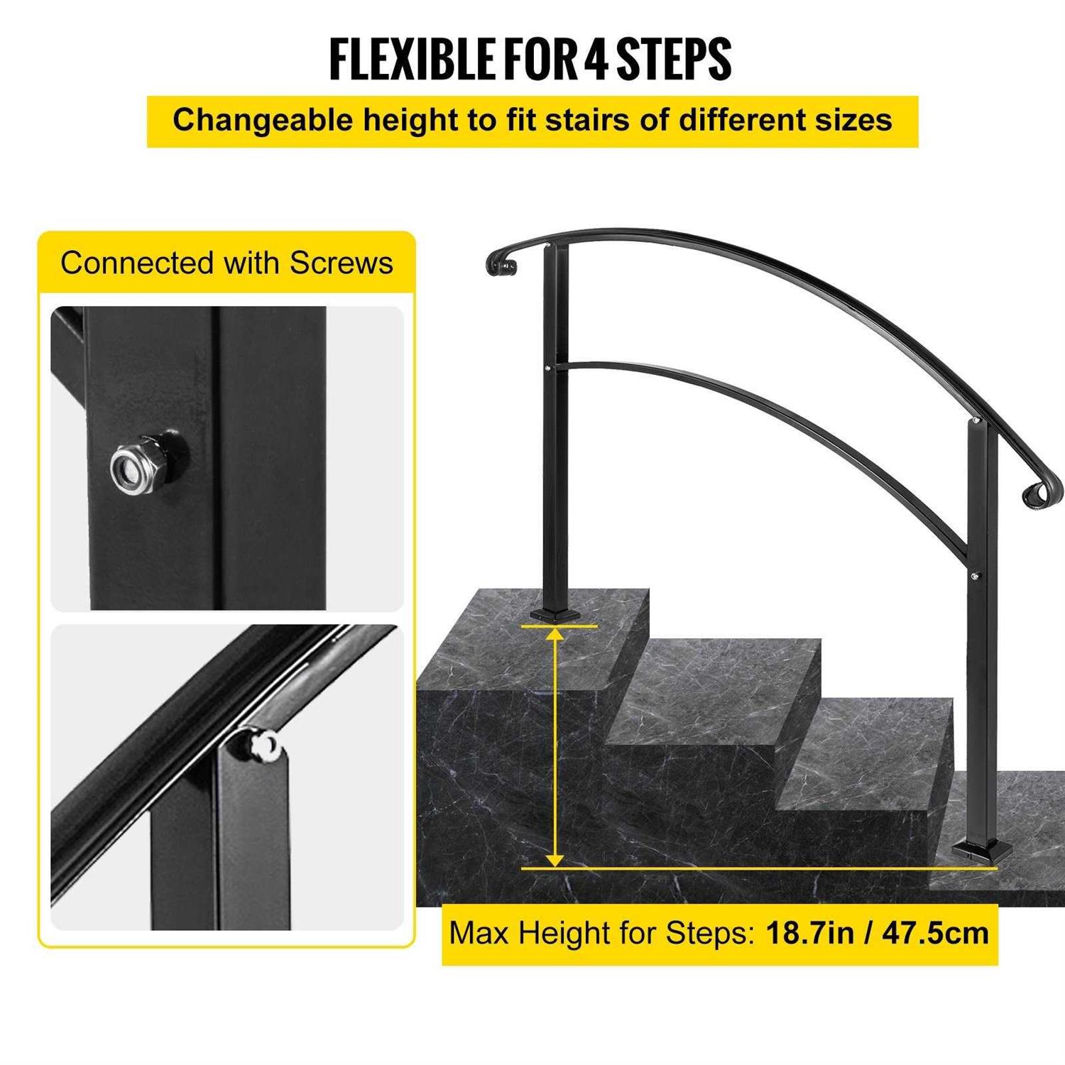 VEVOR Handrails 3 Steps Stair Wrought Iron Handrail Rail for Outdoor Steps - Zenithce