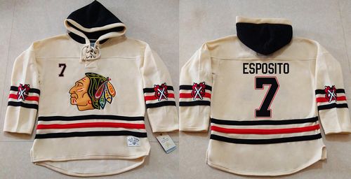 Blackhawks #7 Tony Esposito Cream Heavyweight Pullover Hoodie Stitched NHL Jersey - Zenithce