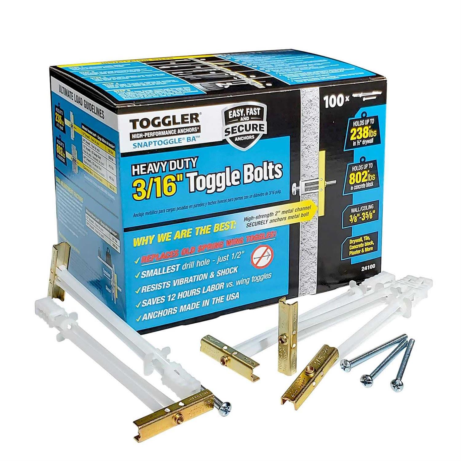 Toggler 24014 Snaptoggle Bb Toggle Bolt for Hollow Walls, 1/4-20, 100-Pack - Zenithce