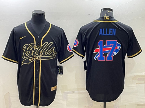 Buffalo Bills #17 Josh Allen Black Gold Team Big Logo With Patch Cool Base Stitched Baseball Jersey - Zenithce