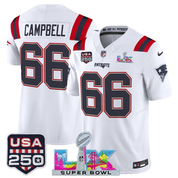 New England Patriots #66 Will Campbell White 2025 F.U.S.E. Super Bowl LX Patch And USA 250' Patch Vapor Limited Stitched Jersey - Zenithce