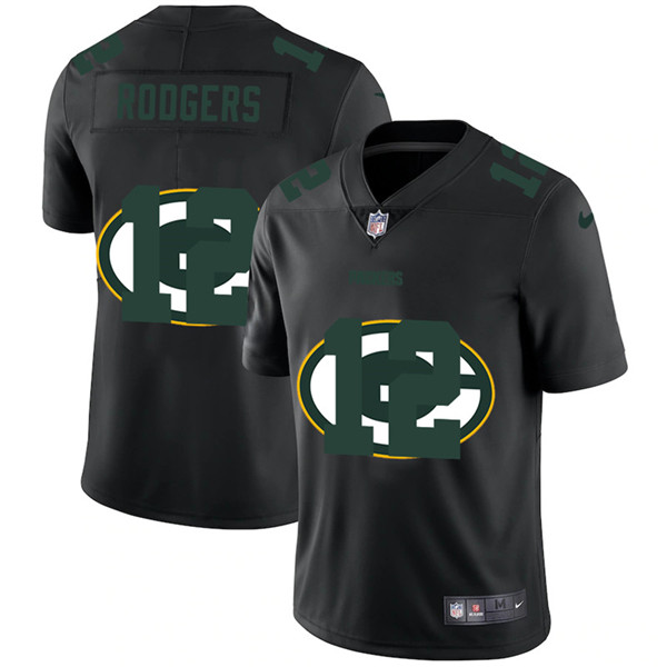 Green Bay Packers #12 Aaron Rodgers Black Shadow Logo Limited Stitched Jersey - Zenithce