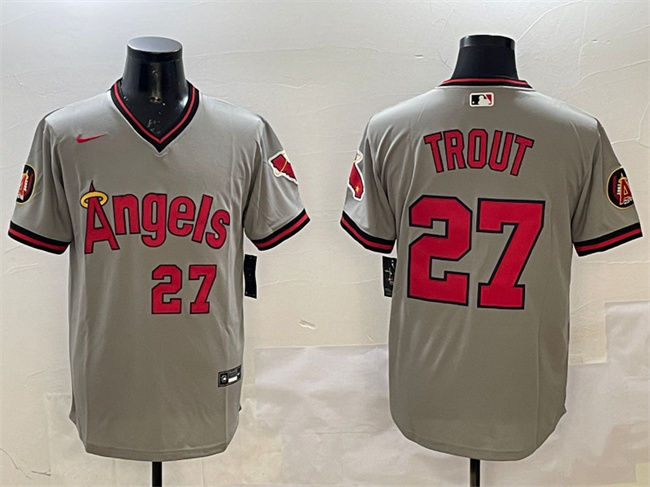 Los Angeles Angels #27 Mike Trout Gray With Patch Stitched Jersey - Zenithce