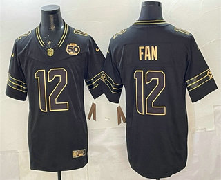 Seattle Seahawks #12 Fan Black Gold 2025 FUSE 50th Season Patch Limited Stitched Jersey - Zenithce
