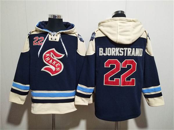 Seattle Kraken #22 Oliver Bjorkstrand Deep Sea Blue Lace-Up Pullover Hoodie - Zenithce