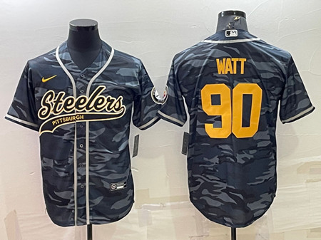 Pittsburgh Steelers #90 T. J. Watt Gray Navy Camo With Patch Cool Base Stitched Baseball Jersey - Zenithce