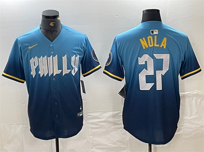 Philadelphia Phillies #27 Aaron Nola Blue 2024 City Connect Limited Stitched Jersey - Zenithce