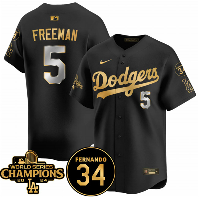 Los Angeles Dodgers #5 Freddie Freeman Black Gold 2024 World Series Champions Fernando Memorial Patch Vapor Premier Limited Stitched Jersey - Zenithce