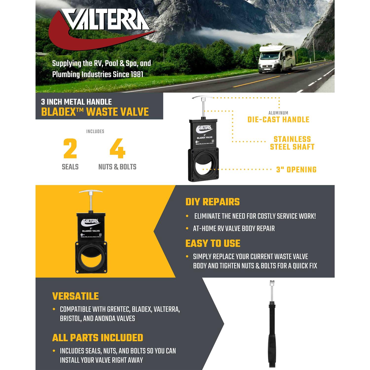 Valterra T1001VPM Bladex Waste Valve with Metal Handle - Zenithce