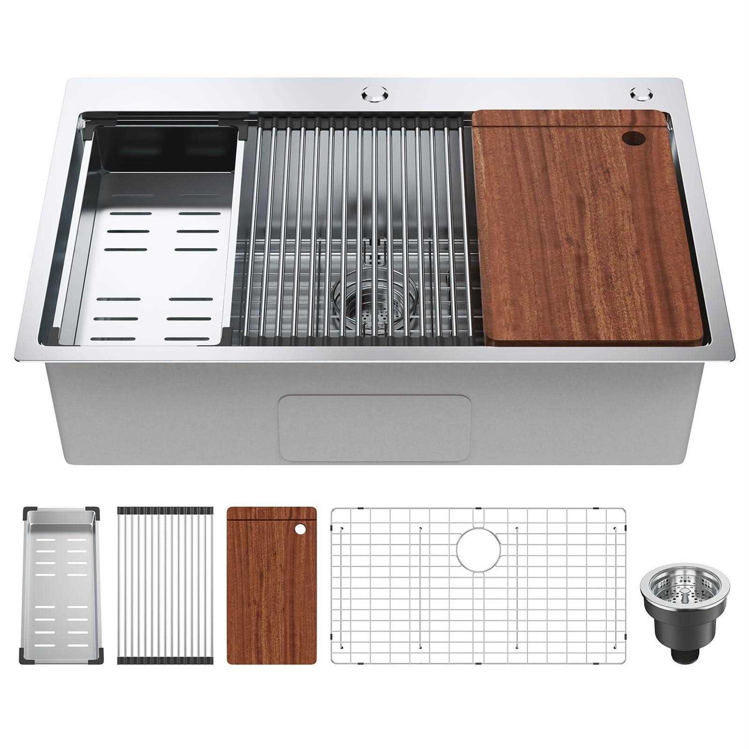 VEVOR Kitchen Sink, 304 Stainless Steel Drop-In Sinks Single Bowl Basin Accessories - Zenithce