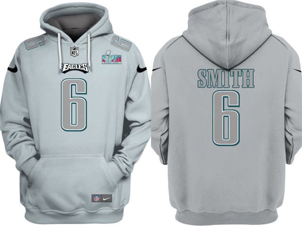 Philadelphia Eagles #6 DeVonta Smith Gray Atmosphere Fashion Super Bowl LVII Patch Pullover Hoodie - Zenithce