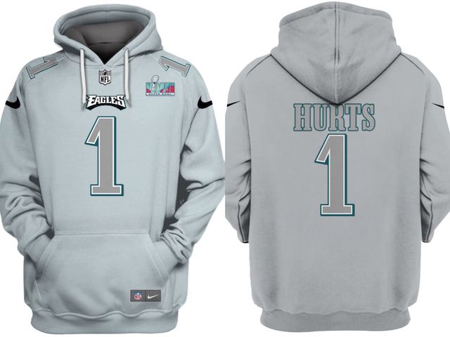 Philadelphia Eagles #1 Jalen Hurts Grey Atmosphere Fashion Super Bowl LVII Patch Pullover Hoodie - Zenithce