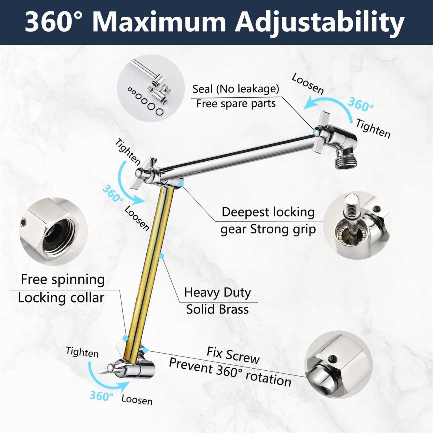 PDPBath Brass 16 Inch Shower Head Extension Arm Upgrade Flexible Height & Angle Adjustable Shower Arm Extender with Lock Joints - Zenithce