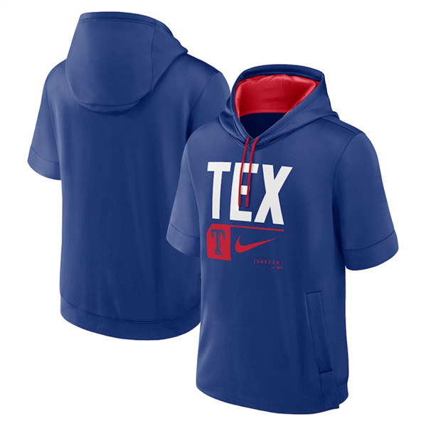 Texas Rangers Royal Tri Code Lockup Short Sleeve Pullover Hoodie - Zenithce