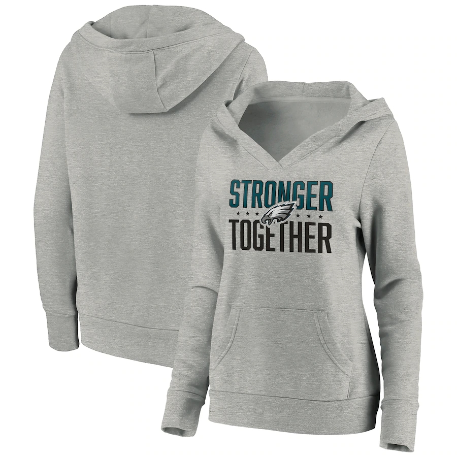 Women's Philadelphia Eagles Heather Gray Stronger Together Crossover Neck Pullover Hoodie(Run Small) - Zenithce