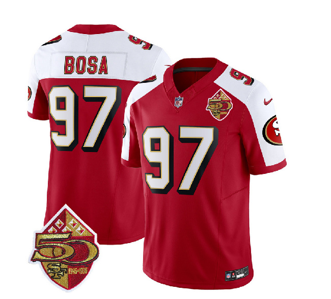 San Francisco 49ers #97 Nick Bosa Red White 2023 F.U.S.E. 50th Patch Throwback Stitched Jersey - Zenithce