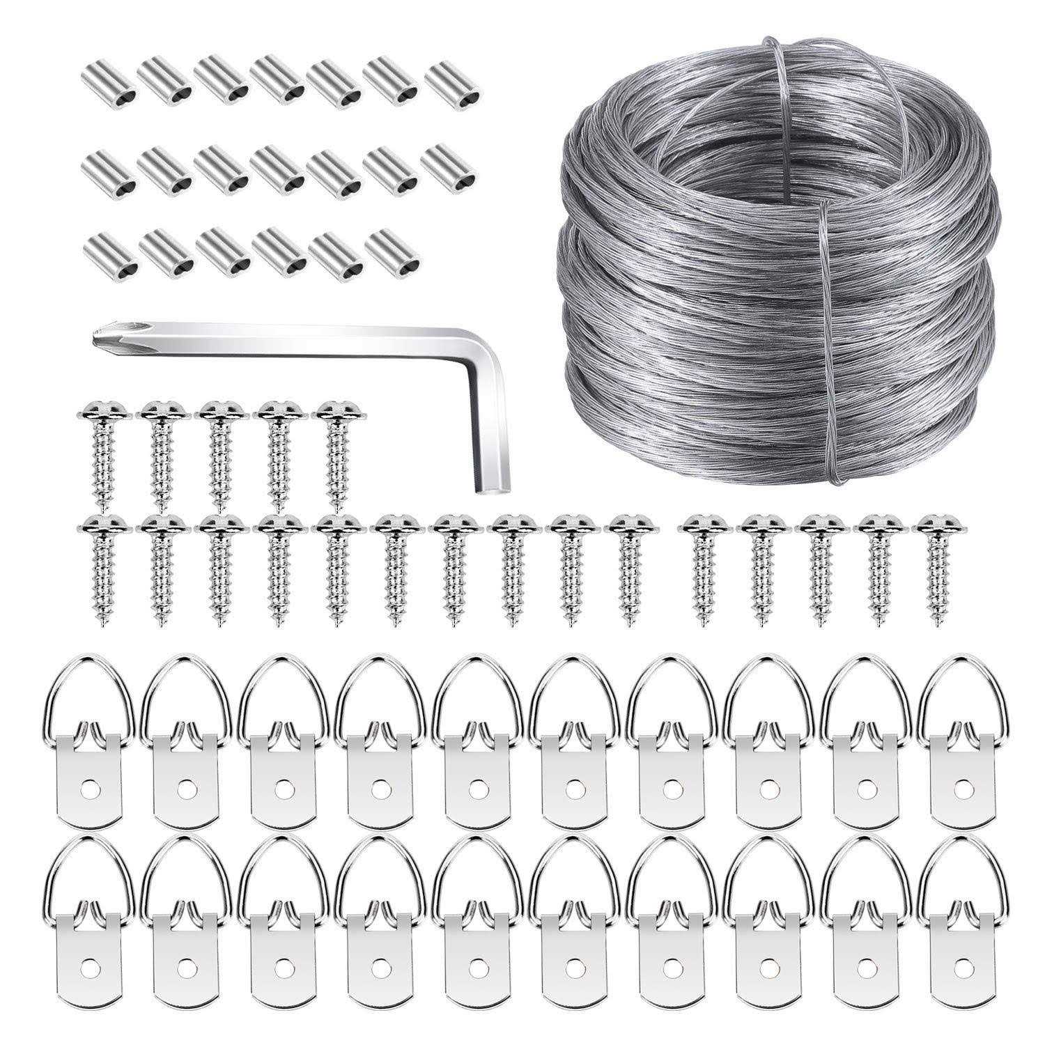 Picture Hanging Kit, 60 Pcs D Ring Picture Hangers with Screws and 100 Feet Stainless Steel Hanging Wire - Zenithce