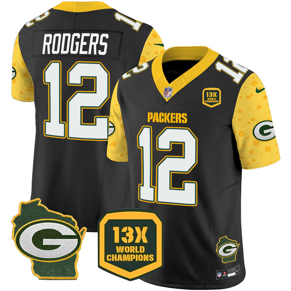 Green Bay Packers #12 Aaron Rodgers Black 2024 F.U.S.E. 13 Time World Champions And Home Patch Vapor Untouchable Limited Stitched Jersey - Zenithce