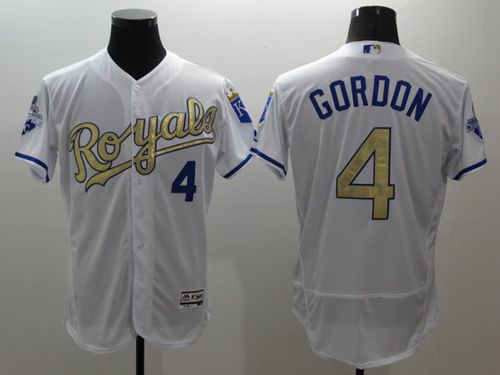 Royals #4 Alex Gordon White 2015 World Series Champions Gold Program FlexBase Authentic Stitched Jersey - Zenithce