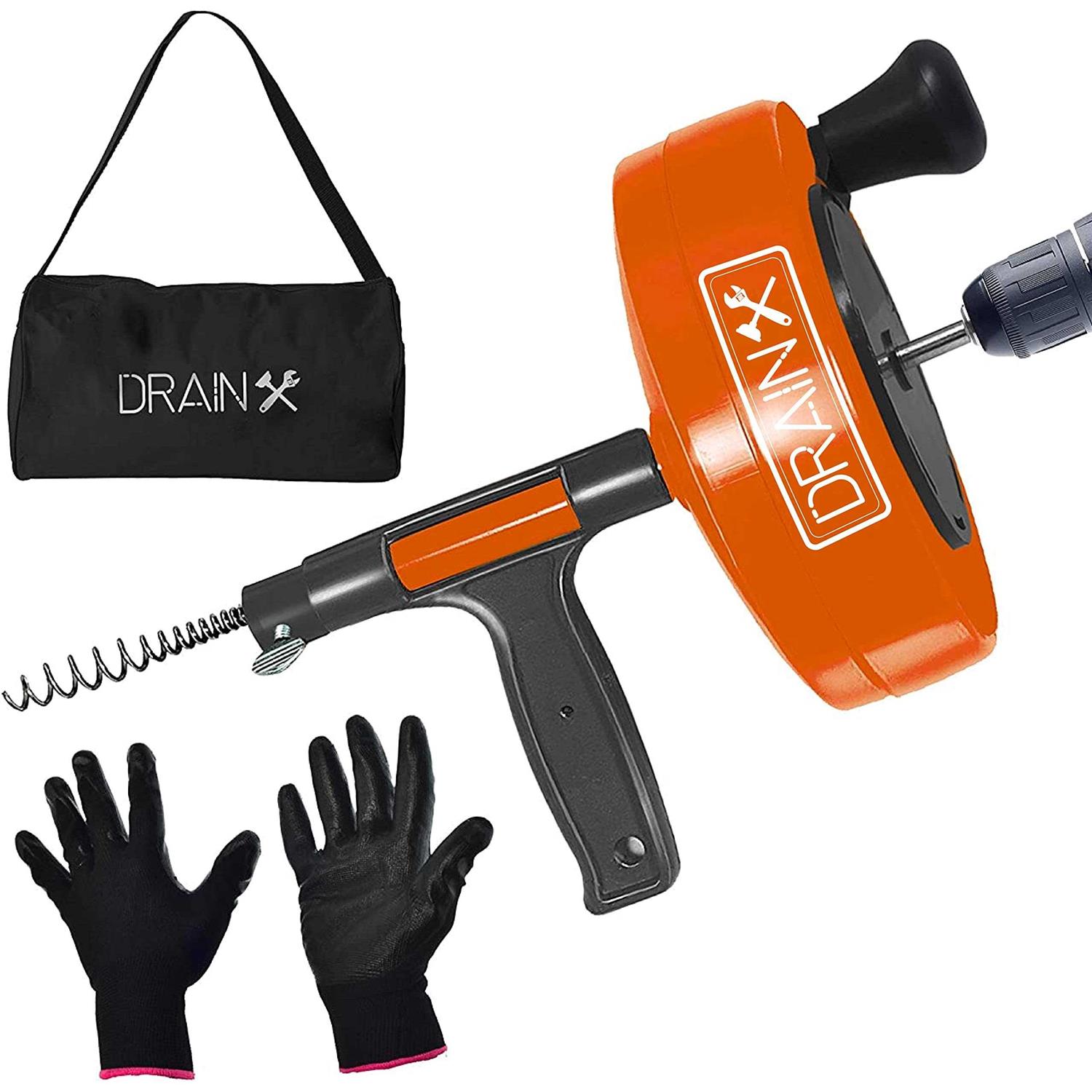 Drainx Heavy-Duty-Steel Pro Drum Drain Auger, 25 Ft., with Work Gloves and Carrying Pouch - Zenithce