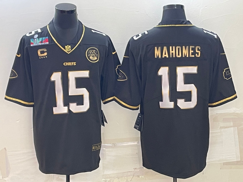 Kansas City Chiefs #15 Patrick Mahomes Black Gold Super Bowl LVII Patch And 4-Star C Patch Vapor Untouchable Limited Stitched Jersey - Zenithce