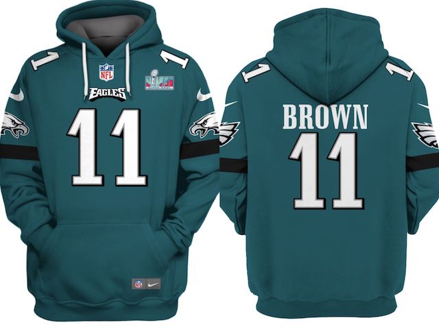 Philadelphia Eagles #11 A.J. Brown Green Super Bowl LVII Patch Pullover Hoodie - Zenithce