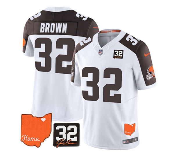 Cleveland Browns #32 Jim Brown White Brown 2023 F.U.S.E. With Jim Brown Memorial Patch Vapor Untouchable Limited Stitched Jersey - Zenithce