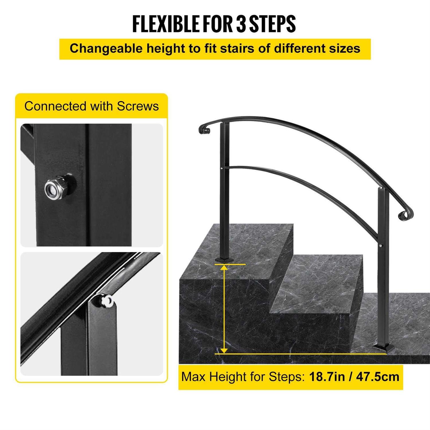 VEVOR Handrails 3 Steps Stair Wrought Iron Handrail Rail for Outdoor Steps - Zenithce