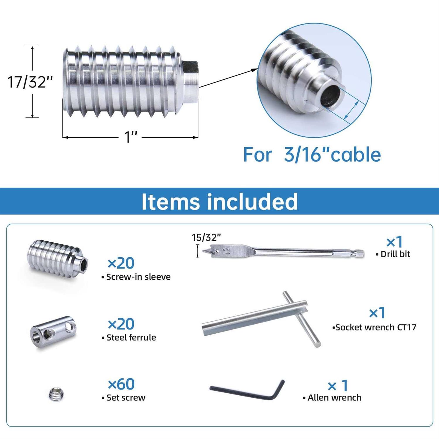 Muzata 1/8 Invisible Cable Railing Kit Lag Screw Cable Genie Tensioner Hidden T316 Stainless Steel for 4×4 6×6 8×8 Wood Posts Deck - Zenithce