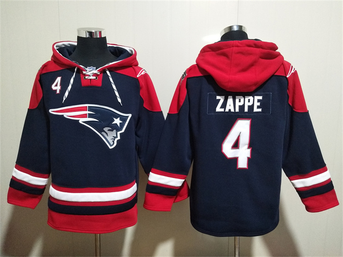 New England Patriots #4 Bailey Zappe Navy Ageless Must-Have Lace-Up Pullover Hoodie - Zenithce