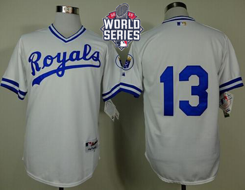 Royals #13 Salvador Perez White 1974 Turn Back The Clock W 2015 World Series Patch Stitched Jersey - Zenithce