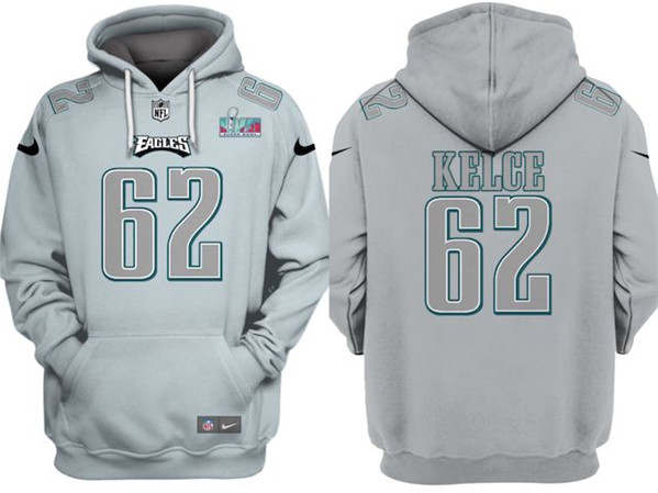 Philadelphia Eagles #62 Jason Kelce Gray Atmosphere Fashion Super Bowl LVII Patch Pullover Hoodie - Zenithce
