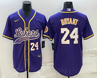 Los Angeles Lakers #24 Kobe Bryant Number Purple With Patch Cool Base Stitched Baseball Jersey - Zenithce